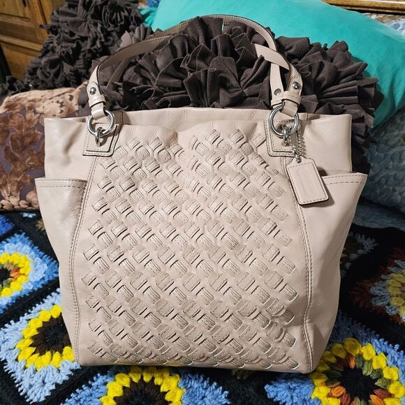 Coach North South Woven Leather Tote Shoulder Bag in Pinkish Leather - Picture 1 of 9